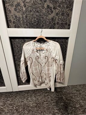 Cupio Cream Blouse with Brown Paisley Print and Tie Neck